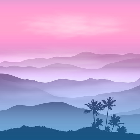 Background with palm tree and mountains in the fog. Sunset time. のイラスト素材