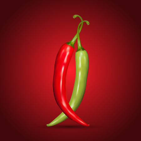 Red and green chilli peppers on red backgroundのイラスト素材