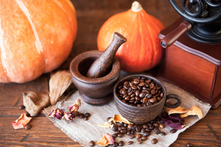 Cup of coffee with coffee beans and coffee grinder. Still life with coffee.の写真素材