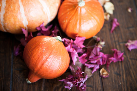 pumpkins with red leaves on old weathered wooden floorの写真素材