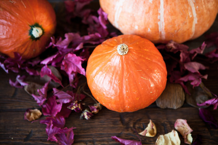 pumpkins with red leaves on old weathered wooden floorの写真素材
