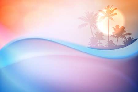Water wave and island with palm trees in sunset time. EPS10 vector.のイラスト素材