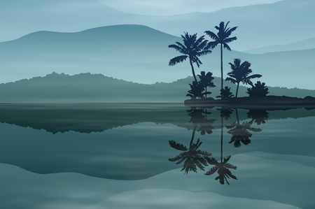 Background with sea and palm trees at night. EPS10 vector.のイラスト素材