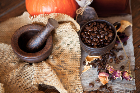 Cup of coffee with coffee beans and coffee grinder. Still life with coffee.の写真素材