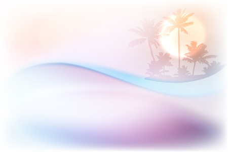 Water wave and island with palm trees in sunset time. vector.のイラスト素材