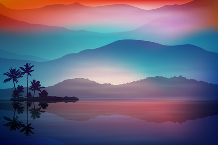 Purple-blue background with sea and palm trees at night. vector.のイラスト素材