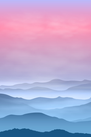 Background with mountains in the fog. Sunset time. vector.のイラスト素材