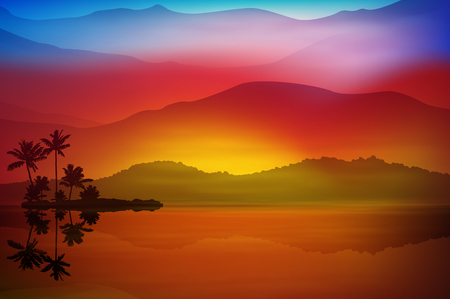 Background with sea and palm trees. Sunset time. vector.のイラスト素材