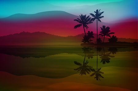 Background with sea and palm trees at night. vector.のイラスト素材