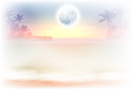 Beach with palm trees and full moon at night. vector.のイラスト素材