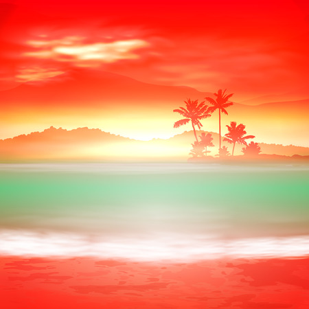Background with sea and palm trees. Sunset time.  vector.のイラスト素材