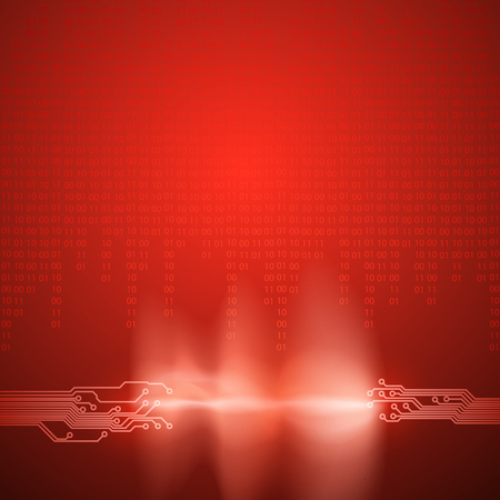 Stream of binary code with a circuit board texture and current arc. EPS10 vector red background.のイラスト素材