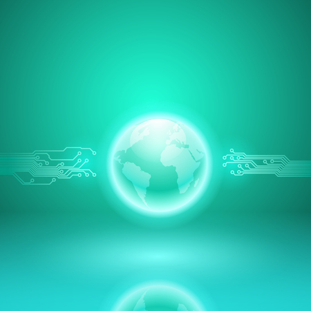 Abstract electronics cyan background with circuit board texture and the earth. EPS10 vector.のイラスト素材