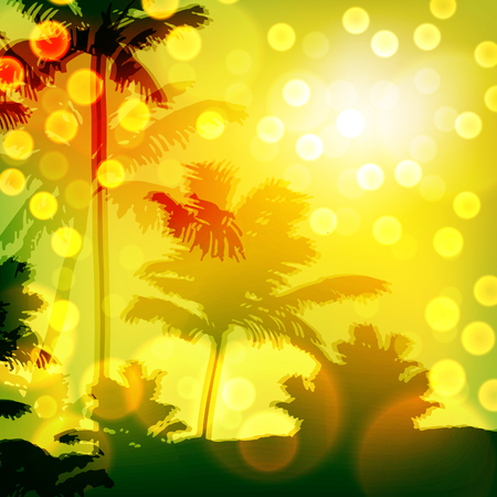 Sea sunset with island and palm trees.のイラスト素材