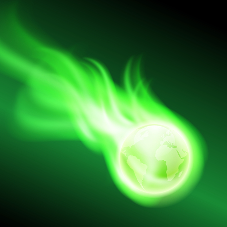 Flying green flaming the globe on dark background with stream of binary code. EPS10 vector.のイラスト素材