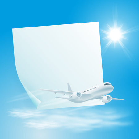 Illustration of airplane in the sky with sticker for your text. Travel concept for your business design.のイラスト素材