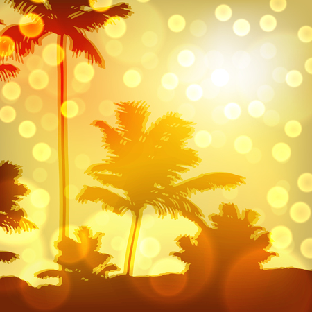 Sea sunset with island and palm trees. EPS10 vector.のイラスト素材