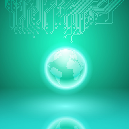 Abstract electronics cyan background with circuit board texture and the earth.のイラスト素材