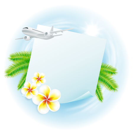 Concept travel illustration with airplane, globe, flowers and palm leaves, sticker for your text.. Travel concept for your business design. EPS10 vector.のイラスト素材
