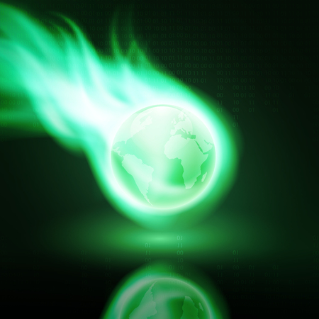 Flying green flaming the globe on dark background with stream of binary code.のイラスト素材