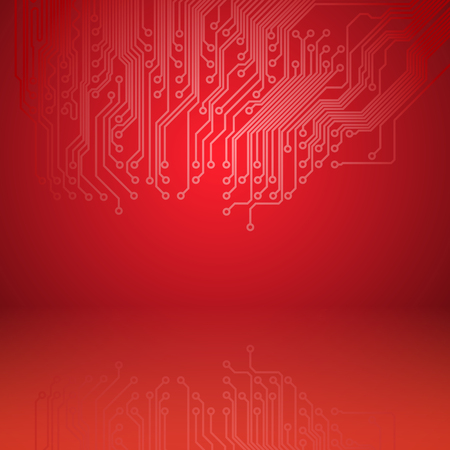 Abstract red background with a circuit board texture and current arc.のイラスト素材