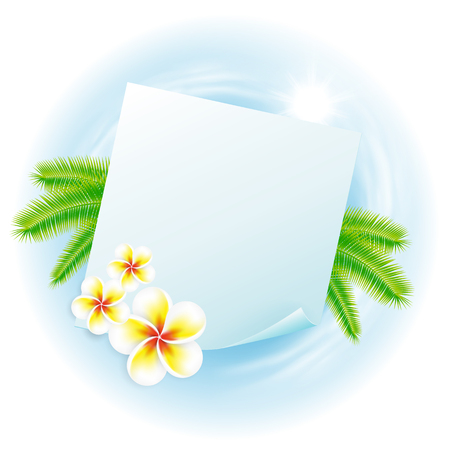 Concept travel illustration with globe, flowers and palm leaves, sticker for your text. Travel concept for your business design.のイラスト素材