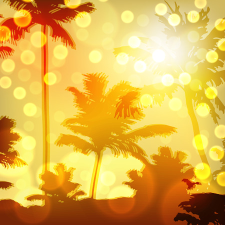 Sea sunset with island and palm trees.のイラスト素材
