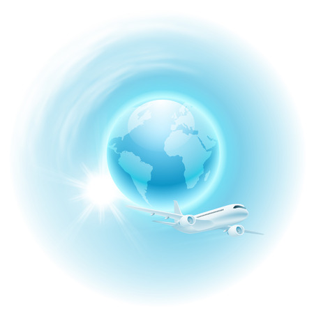 Illustration of airplane in the sky with the globe. Travel concept for your business design.のイラスト素材