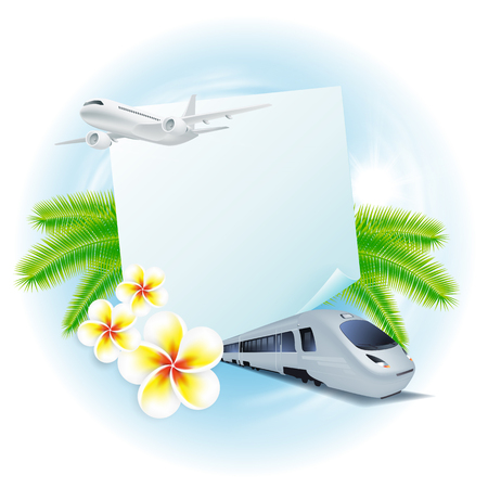 Concept travel illustration with airplane, train, flowers and palm leaves, sticker for your text. Travel concept for your business design.のイラスト素材