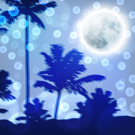 Landscape with palm trees and full moon at night. EPS10 vector.のイラスト素材