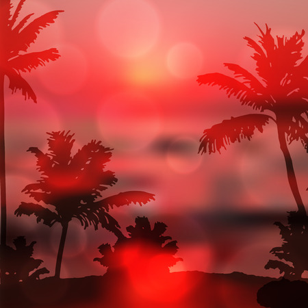 Sea purple sunset with island and palm trees. EPS10 vector.のイラスト素材
