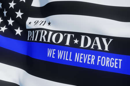 American flag with police support symbol Thin blue line. Remembering, memories on fallen people on...
