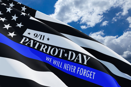 American flag with police support symbol Thin blue line on blue sky background. Remembering,...