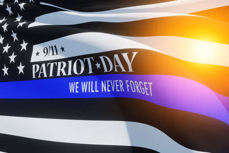 American flag with police support symbol Thin blue line and light spot. Remembering, memories on fallen people on September 11, 2001. Patriot day. 3d image.の写真素材