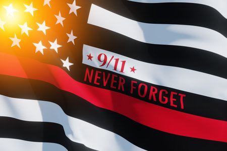 Thin red line firefighter flag with light spot. USA flag. Remembering, memories on fallen firefighters officers on September 11, 2001. Patriot day. Firefighter members honor. 3d image.の写真素材