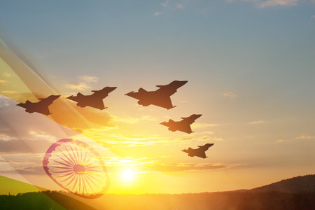 Indian Air Force Day. Indian jet air shows on background of sunset with transparent Indian flag....