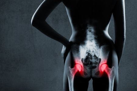 Human hip joint in x-ray on gray background. Painful hip joint is highlighted by red color.