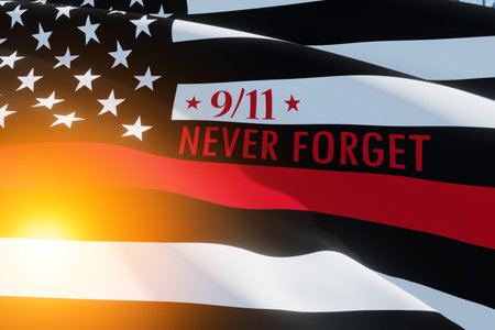 Thin red line firefighter flag with light spot. USA flag. Remembering, memories on fallen firefighters officers on september 11, 2001. Patriot day. Firefighter members honor. 3d image.の写真素材