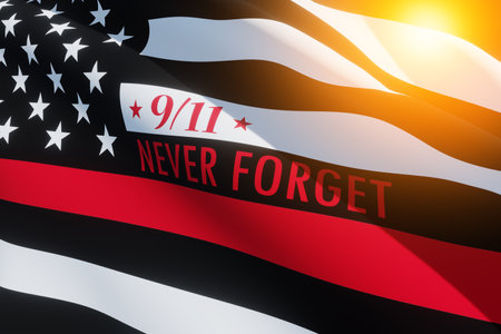 Thin red line firefighter flag with light spot. USA flag. Remembering, memories on fallen firefighters officers on september 11, 2001. Patriot day. Firefighter members honor. 3d image.の写真素材