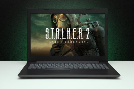 S.T.A.L.K.E.R. 2 Heart of Chornobyl, Stalker 2 game on the screen laptop computer. Moscow, Russia - March 20, 2023.のeditorial素材