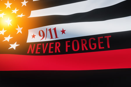 Thin red line firefighter flag with light spot. USA flag. Remembering, memories on fallen firefighters officers on september 11, 2001. Patriot day. Firefighter members honor. 3d image.の写真素材