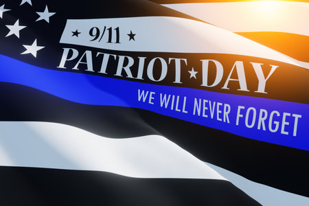 American flag with police support symbol Thin blue line and light spot. Remembering, memories on fallen people on september 11, 2001. Patriot day. 3d image.の写真素材