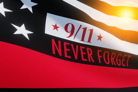 Thin red line firefighter flag with light spot. USA flag. Remembering, memories on fallen firefighters officers on september 11, 2001. Patriot day. Firefighter members honor. 3d image.の写真素材