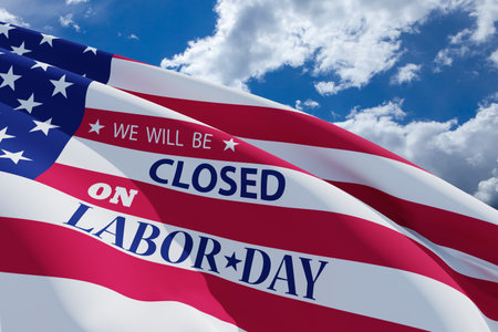 Labor Day Background Design. American flag on a background of blue sky with a message. We will be Closed on Labor Day. 3d image.の写真素材