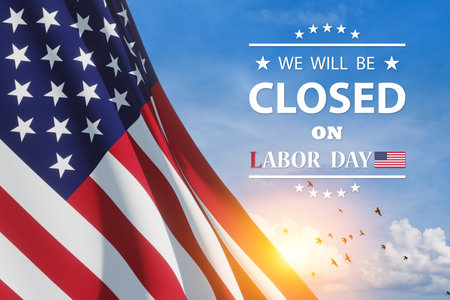 Labor Day Background Design. American flag on a background of blue sky with flying birds with a message. We will be Closed on Labor Day. 3d rendering.の写真素材