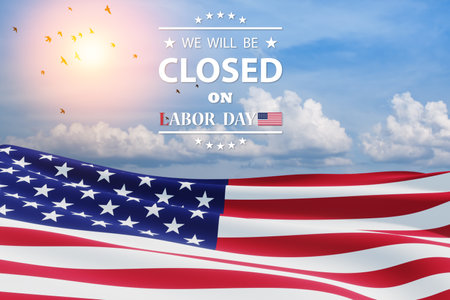 Labor Day Background Design. American flag on a background of blue sky with flying birds with a message. We will be Closed on Labor Day. 3d rendering.の写真素材