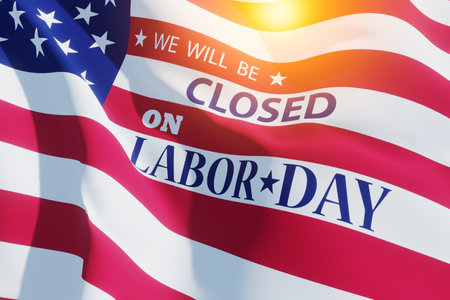 Labor Day Background Design. American flag and light spot with a message. We will be Closed on Labor Day. 3d Image.の写真素材