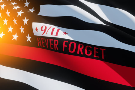 Thin red line firefighter flag with light spot. USA flag. Remembering, memories on fallen firefighters officers on september 11, 2001. Patriot day. Firefighter members honor. 3d image.の写真素材