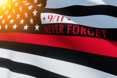 Thin red line firefighter flag with light spot. USA flag. Remembering, memories on fallen firefighters officers on september 11, 2001. Patriot day. Firefighter members honor. 3d image.の写真素材
