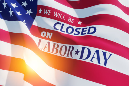 Labor Day Background Design. American flag and light spot with a message. We will be Closed on Labor Day. 3d Image.の写真素材